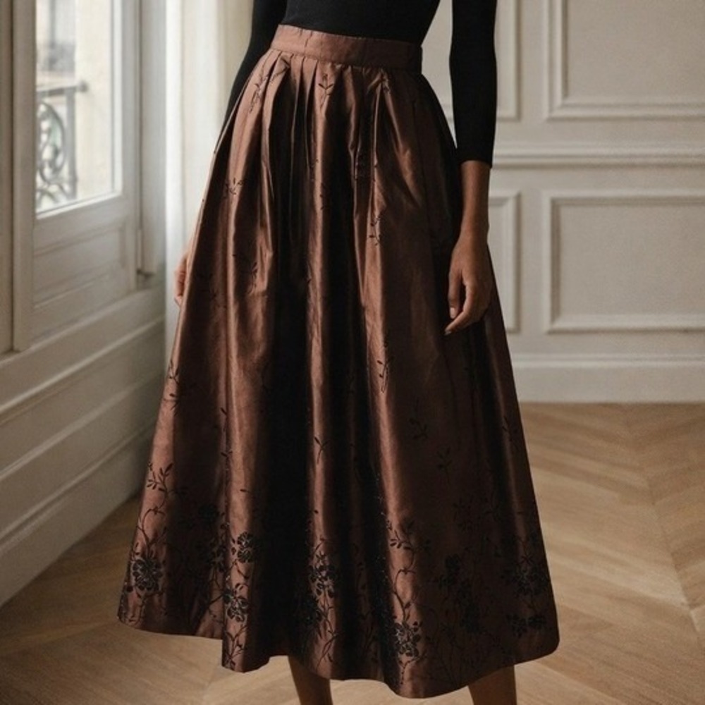 Whimsigoth Taffeta Maxi Skirt Medium Choclate Brown Black Floral Party Elegant
